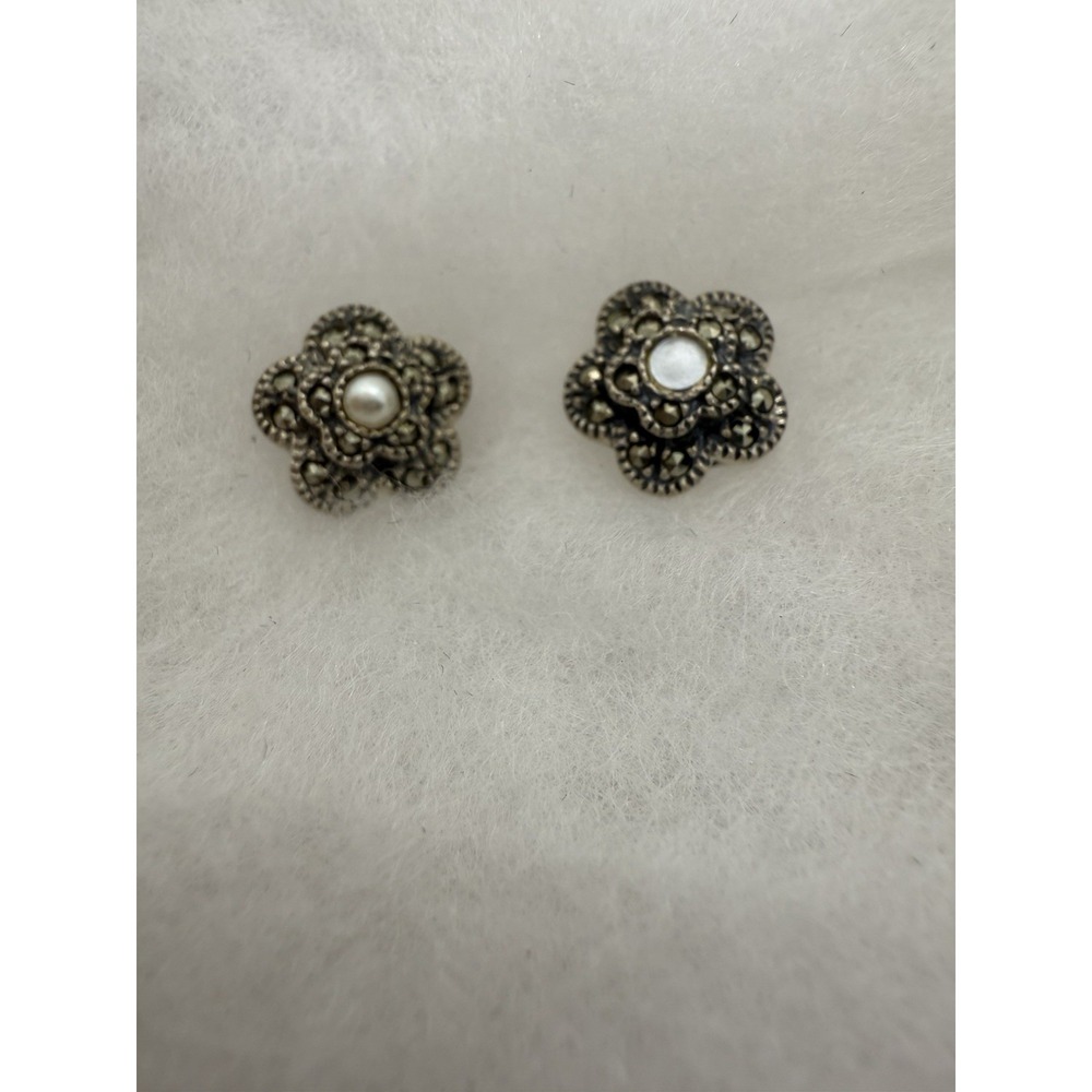 Judith Jack Pearl & Marcasite Stud Earrings 925 Sterling Silver JJ Thailand